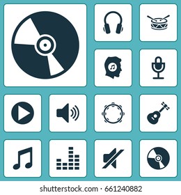 Audio Icons Set. Collection Of Music, Barrel, Earphone And Other Elements. Also Includes Symbols Such As Drum, Meloman, Vinyl.