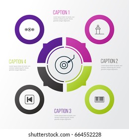 Audio Icons Set. Collection Of Music Control, Run Song Back, Rostrum And Other Elements. Also Includes Symbols Such As Gramophone, Scene, Instrument.