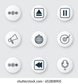 Audio Icons Set. Collection Of Mute Song, Gramophone, Mike And Other Elements. Also Includes Symbols Such As Party, Audio, Back.