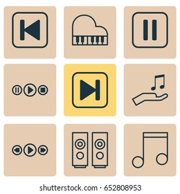 Audio Icons Set. Collection Of Note, Sound Box, Octave And Other Elements. Also Includes Symbols Such As Button, Melody, Sell.