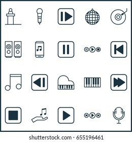 Audio Icons Set. Collection Of Note Donate, Following Song, Mute Song And Other Elements. Also Includes Symbols Such As Start, Note, Disco.