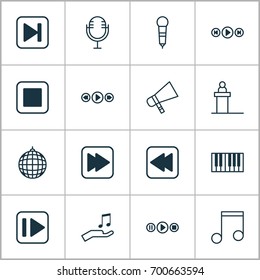 Audio Icons Set. Collection Of Note, Rewind Back, Microphone And Other Elements. Also Includes Symbols Such As Microphone, Rostrum, Control.
