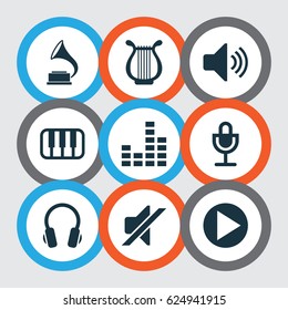 Audio Icons Set. Collection Of Octave, Mike, Silence And Other Elements. Also Includes Symbols Such As Speaker, Antique, Mic.