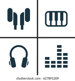 Audio Icons Set. Collection Of Octave, Equalizer, Earmuff And Other Elements. Also Includes Symbols Such As Piano, Earmuff, Headphone.