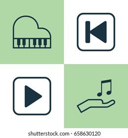 Audio Icons Set. Collection Of Octave, Start Song, Run Song Back And Other Elements. Also Includes Symbols Such As Back, Piano, Play.