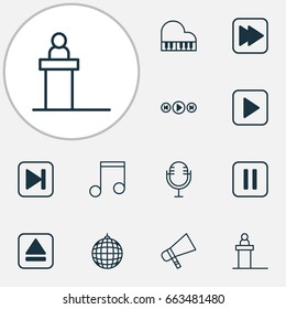 Audio Icons Set. Collection Of Octave, Rostrum, Skip Song And Other Elements. Also Includes Symbols Such As Microphone, Mike, Piano.