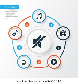 Audio Icons Set. Collection Of Phonograph, Instrument, Silence And Other Elements. Also Includes Symbols Such As Phonograph, Silent, Loudspeaker.