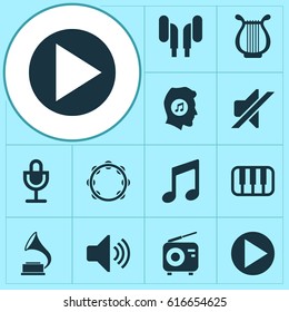 Audio Icons Set. Collection Of Phonograph, Octave, Timbrel And Other Elements. Also Includes Symbols Such As Phonograph, Play, Tuner.
