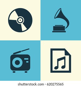 Audio Icons Set. Collection Of Phonograph, File, Cd And Other Elements. Also Includes Symbols Such As Fm, Radio, Note.