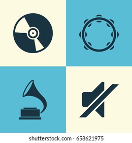 Audio Icons Set. Collection Of Phonograph, Cd, Timbrel And Other Elements. Also Includes Symbols Such As Vinyl, Timbrel, Volume.