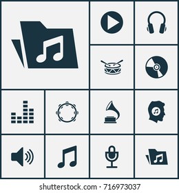 Audio Icons Set. Collection Of  Phonograph And Other Elements. Also Includes Symbols Such As Tambourine, Earphone, Headphone.