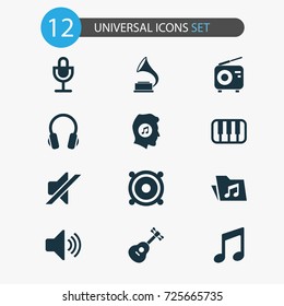 Audio Icons Set. Collection Of Phonograph, Earphone, Meloman And Other Elements. Also Includes Symbols Such As Musical, Mic, Microphone.