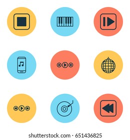 Audio Icons Set. Collection Of Piano, Following Music, Gramophone And Other Elements. Also Includes Symbols Such As Stop, Ball, Media.
