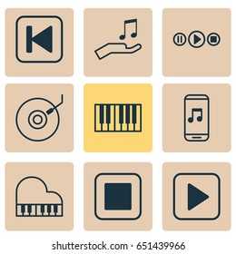 Audio Icons Set. Collection Of Piano, Song UI, Note Donate And Other Elements. Also Includes Symbols Such As Synthesizer, Octave, Media.