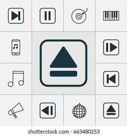 Audio Icons Set. Collection Of Piano, Last Song, Extract Device And Other Elements. Also Includes Symbols Such As Backward, Ball, Extract.