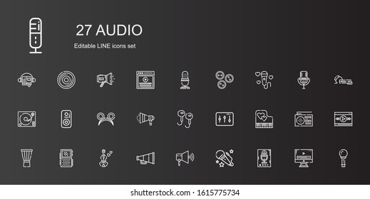 audio icons set. Collection of audio with recorder, voice, speaker, violin, voice recorder, drum, piano, levels, earphones, megaphone, ears. Editable and scalable audio icons.