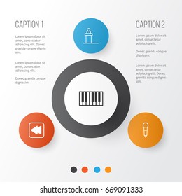 Audio Icons Set. Collection Of Rewind Back, Microphone, Rostrum And Other Elements. Also Includes Symbols Such As Scene, Piano, Synthesizer.