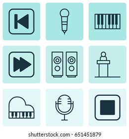 Audio Icons Set. Collection Of Run Song Back, Microphone, Following Song And Other Elements. Also Includes Symbols Such As Speakers, Box, Next.