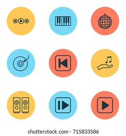 Audio Icons Set. Collection Of Run Song Back, Following Music, Start Song And Other Elements. Also Includes Symbols Such As Instrument, Forward, Donate.