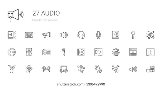 audio icons set. Collection of audio with saxophone, megaphone, microphone, headphones, ears, audio guide, trumpet, fast forward, cd, radio. Editable and scalable icons.