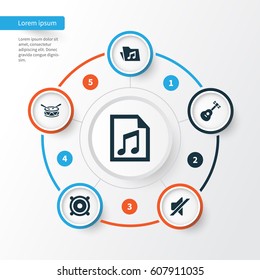 Audio Icons Set. Collection Of Silence, Instrument, File And Other Elements. Also Includes Symbols Such As Volume, Guitar, Barrel.