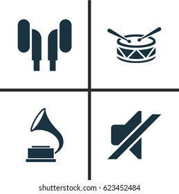 Audio Icons Set. Collection Of Silence, Phonograph, Earmuff And Other Elements. Also Includes Symbols Such As Headset, Barrel, Drum.