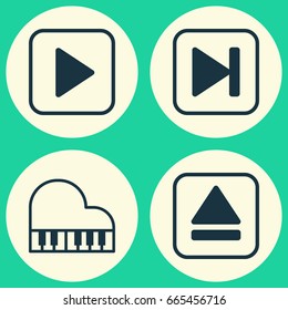 Audio Icons Set. Collection Of Skip Song, Start Song, Extract Device And Other Elements. Also Includes Symbols Such As Button, Play, Piano.