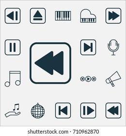 Audio Icons Set. Collection Of Skip Song, Audio Buttons, Rewind Back And Other Elements. Also Includes Symbols Such As Octave, Bullhorn, Backward.