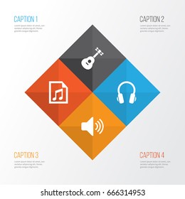 Audio Icons Set. Collection Of Sound, Instrument, File And Other Elements. Also Includes Symbols Such As Instrument, Speaker, Volume.