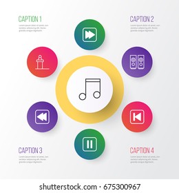 Audio Icons Set. Collection Of Sound Box, Note, Following Song And Other Elements. Also Includes Symbols Such As Button, Tribune, Rostrum.