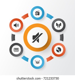 Audio Icons Set. Collection Of Sound, Barrel, Silence And Other Elements. Also Includes Symbols Such As Earmuff, Instrument, Silent.