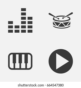 Audio Icons Set. Collection Of Start, Equalizer, Barrel And Other Elements. Also Includes Symbols Such As Instrument, Mixer, Piano.