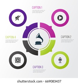 Audio Icons Set. Collection Of Start, Mike, Silence And Other Elements. Also Includes Symbols Such As Microphone, Phonograph, Gramophone.