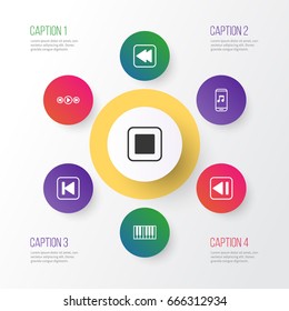 Audio Icons Set. Collection Of Stop Button, Piano, First Song And Other Elements. Also Includes Symbols Such As Synthesizer, Stop, Media.