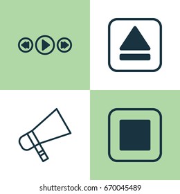 Audio Icons Set. Collection Of Stop Button, Bullhorn, Music Control And Other Elements. Also Includes Symbols Such As Extract, Stop, Control.
