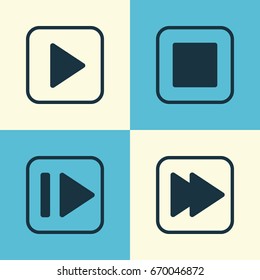 Audio Icons Set. Collection Of Stop Button, Following Music, Start Song And Other Elements. Also Includes Symbols Such As Play, Next, Forward.