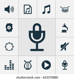 Audio Icons Set. Collection Of Timbrel, Start, Meloman And Other Elements. Also Includes Symbols Such As Timbrel, Barrel, File.
