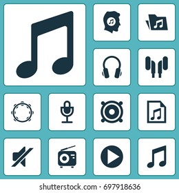 Audio Icons Set. Collection Of Timbrel, Silence, Tuner And Other Elements. Also Includes Symbols Such As Timbrel, Earmuff, Note.