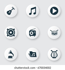 Audio Icons Set. Collection Of Tuner, Start, Instrument And Other Elements. Also Includes Symbols Such As Radio, Harp, Drum.