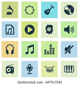 Audio Icons Set. Collection Of Tuner, Phonograph, Timbrel And Other Elements. Also Includes Symbols Such As Mixer, Volume, Guitar.