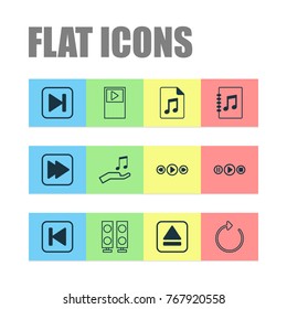 Audio icons set with document, following song, song UI and other music control elements. Isolated vector illustration audio UI icons.