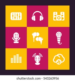 audio icons set, equalizer, sound mixing console, music in cloud, earbuds, headphones, microphones, speakers, vector illustration
