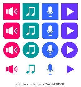 Audio icons. Set of green, pink, blue and purple signs. Play, sound, music, note, microphone icons.