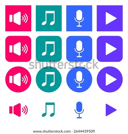 Audio icons. Set of green, pink, blue and purple signs. Play, sound, music, note, microphone icons.
