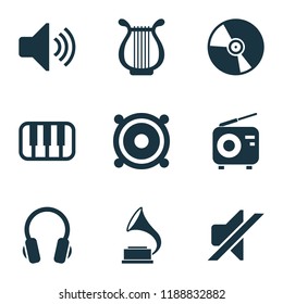 Audio icons set with headphone, gramophone, vinyl and other octave elements. Isolated vector illustration audio icons.