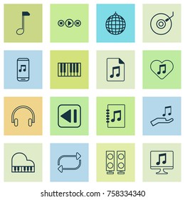 Audio Icons Set. Includes Icons Such As Display, Document, Headset And Other.