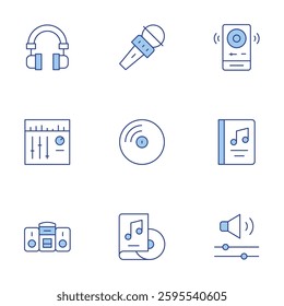 Audio icons set. Line Duotone style, editable stroke. mixer, headphone, vinyl, speaker, audio, audio system, audio book, volume, music book.