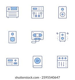 Audio icons set. Line Duotone style, editable stroke. audiobook, cassette, car radio, speaker, dj mixer, mixer, amplifier, audio.