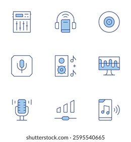 Audio icons set. Line Duotone style, editable stroke. equalizer, music, volume, music player, microphone, audio, audio book, additive synthesis.
