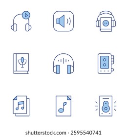 Audio icons set. Line Duotone style, editable stroke. book, recorder, speaker, volume up, audio book, guide.